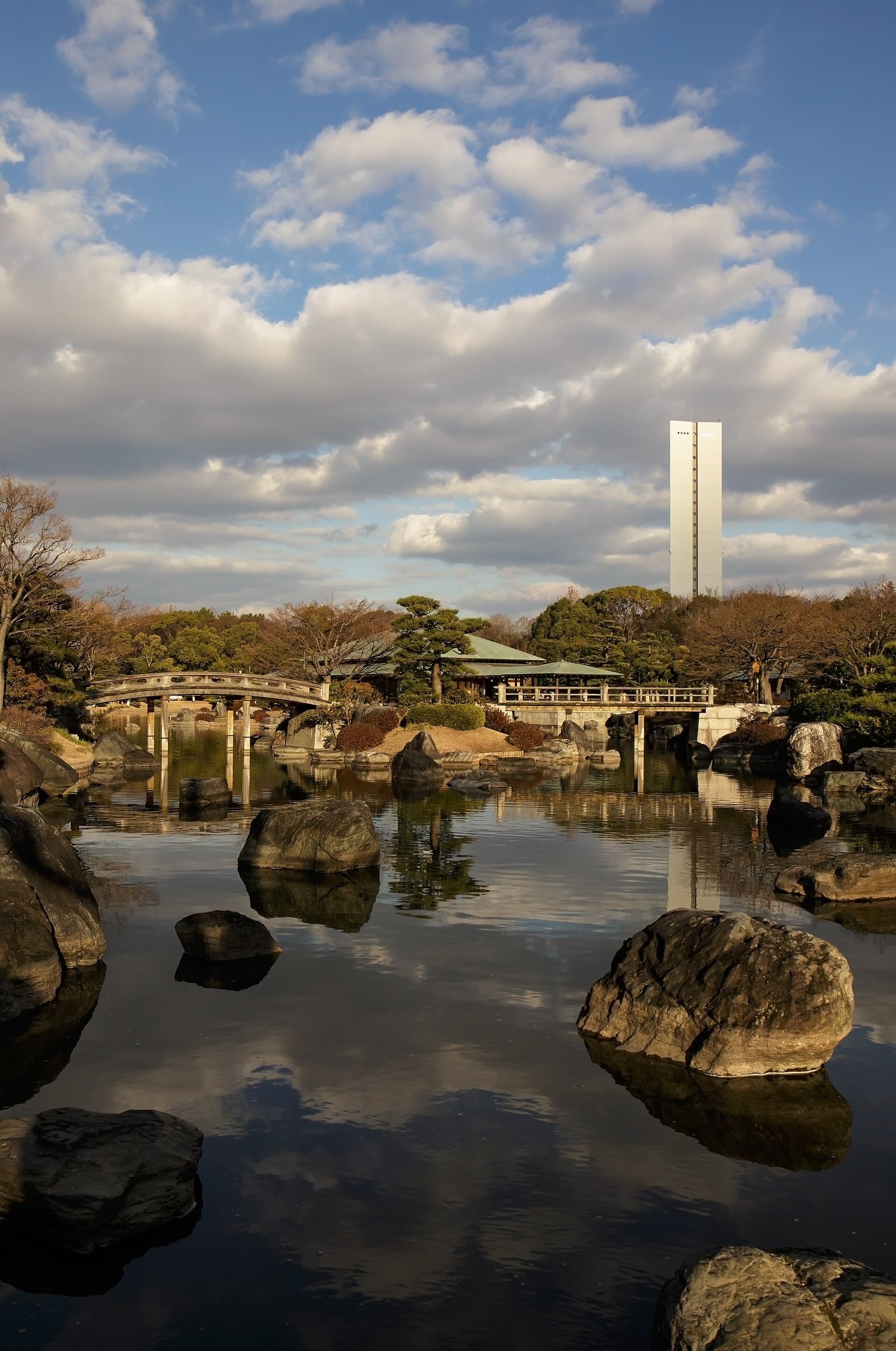 A still pond in a Japanese garden in winter